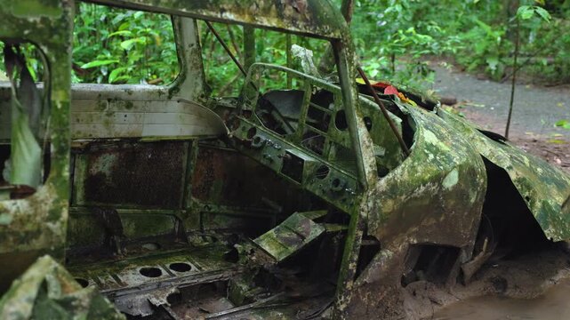 Crashed airplane that crashed in jungle more than 40 years ago sits abandoned and overgrown with green moss and vegetation. Rusted metal frame and cockpit decay in tropical rainforest setting.