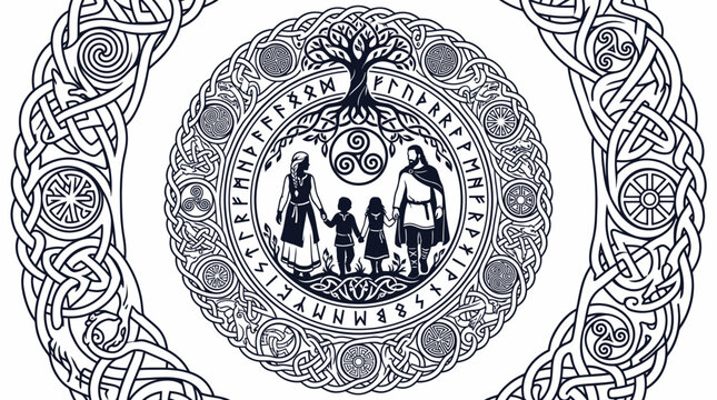 Norse celtic knotwork border and viking woman frame illustration