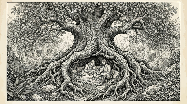 Vintage ink illustration of an old oak tree with exposed roots in forest