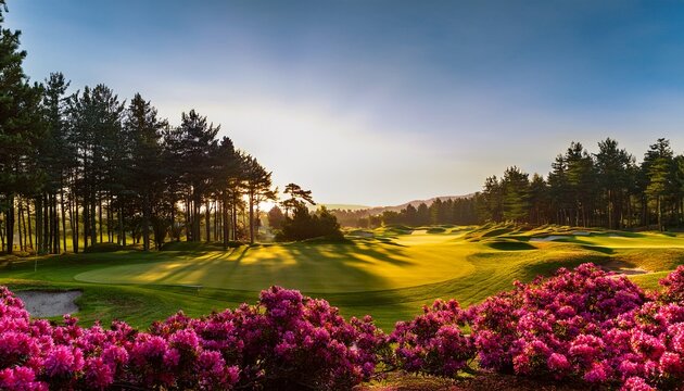 serene golf course landscape sun drenched azaleas frame a picturesque golf course nestled amidst towering pines bathed in the golden light of a tranquil morning