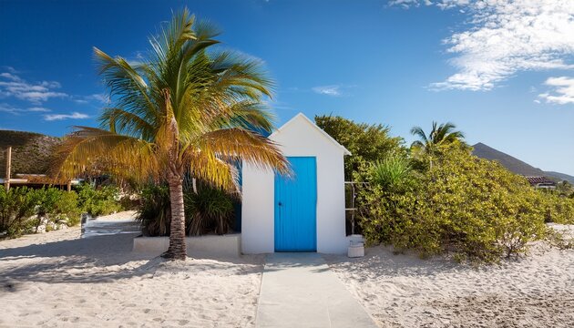 tropical beach house with blue door and palm tree on a sunny day