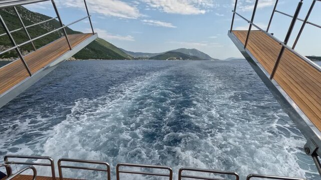 Symmetrical rear view from a passenger ferry sailing through the Ionian Sea in Greece. White foamy wake stretches across deep blue water toward distant mountainous islands, framed by the ferry loading