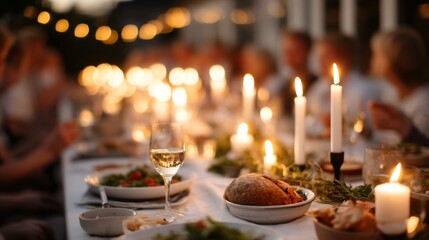 Fototapeta premium Evening crayfish party with candles, cozy warm light, intimate social gathering, end of summer mood