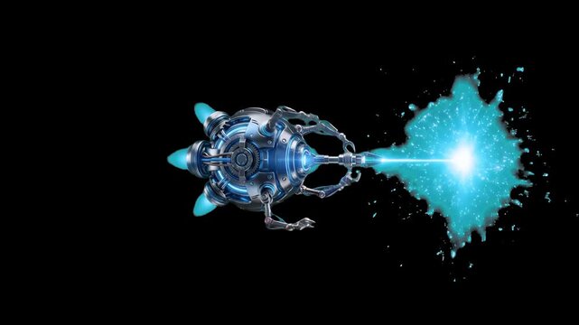 A high-tech futuristic underwater mining drone or spacesuit mechanism fires a high-energy blue laser plasma beam against a black background. This dynamic visual effect asset is tailored for space comb