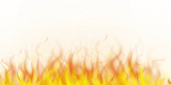 PNG image of Realistic orange and yellow fire flames with glowing embers and small sparks flickering and rising upwards, creating a dynamic burning effect for graphic design on transparent background.