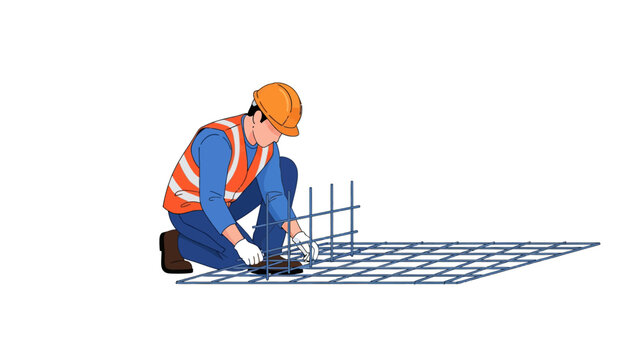 Construction worker installing steel rebar mesh illustration