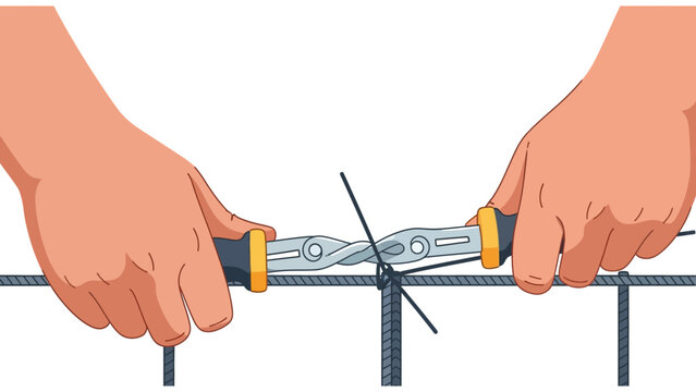Worker hands tying steel rebar with wire twisting tool for concrete foundation construction