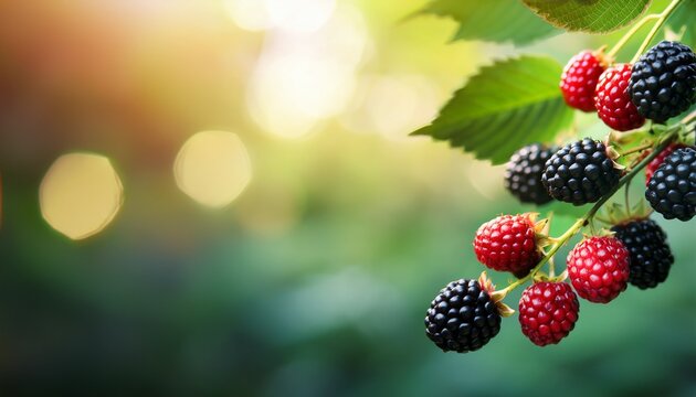 Ripe Black Blackberries With Red Berries On Branch With Green Leaves On Bright Blurred Background Fresh Summer Forest Harvest