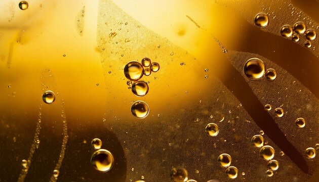 golden yellow abstract oil bubbles or face serum background oil and water bubbles macro photography