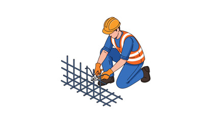 Fototapeta premium Construction Worker Tying Steel Rebar Mesh, Builder in Safety Gear Isometric Illustration