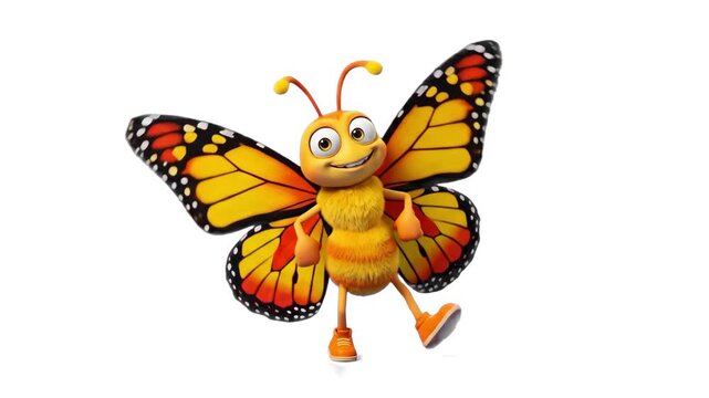 A cheerful, friendly 3D cartoon monarch butterfly character with wide eyes executing a joyful dance step while fluttering its wings against a clean white backdrop. Perfect for kids' entertainment, edu
