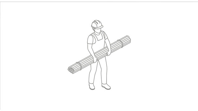 Isometric Construction Worker Carrying Bundle of Pipes Line Art Vector Illustration