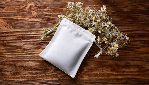 White Pouch Mockup With Dried Flowers Chamomiles On Wooden Surface Ai Generated