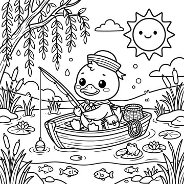 whimsical fishing duck coloring page