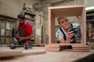 Woman carpenter sanding wooden cabinet in workshop © Jelena