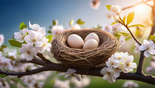 Bird Nest With Eggs Surrounded By Blooming Flowers On Tree Branch
