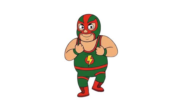 A friendly 2D cartoon illustration of a chubby Mexican luchador wrestler wearing a green and red mask and a wrestling singlet with a lightning bolt logo, performing a funny dance routine on a solid wh