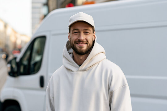  Retrato de un joven repartidor o conductor sonriente con gorra y sudadera blanca frente a una furgoneta de reparto en la ciudad.