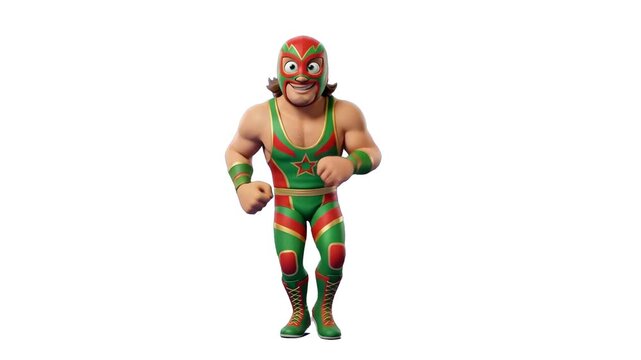 An isolated 3D animated Mexican lucha libre wrestler mascot in a traditional green and red luchador outfit performs an energetic dance routine on a pure white background. Perfect for clean high-key we