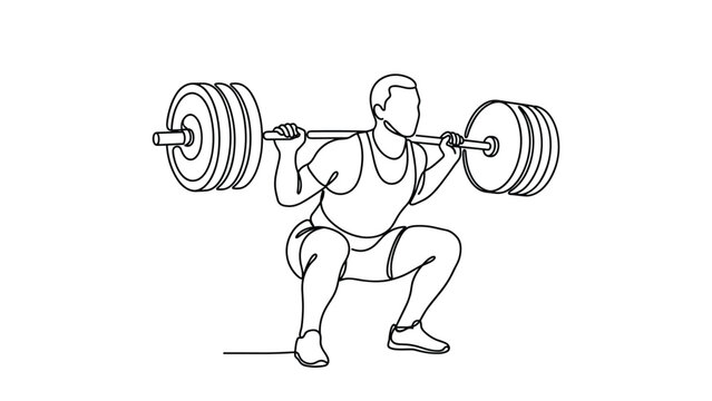 Continuous line drawing of a muscular athlete performing a heavy barbell back squat exercise.