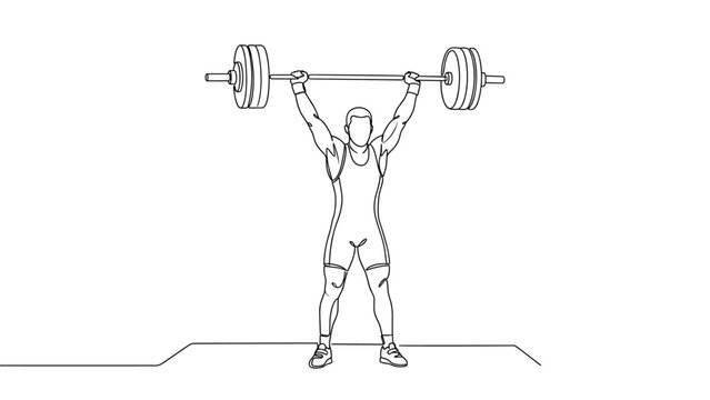 Continuous line drawing of a weightlifter holding a heavy barbell overhead.