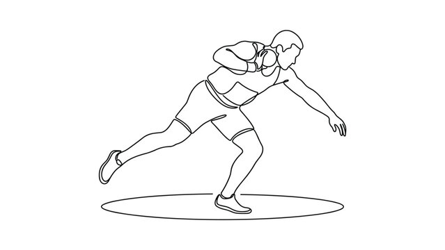 Continuous line drawing of a male shot put athlete preparing for a throw.