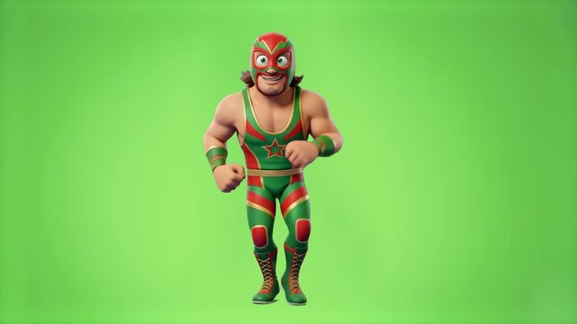 A muscular 3D animated Mexican luchador wrestler wearing a traditional green and red mask and matching singlet jogs forward in place against a solid green screen. This energetic sports character loop 