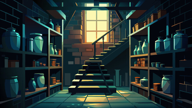 Basement cellar storage with shelves and glass jars basement interior lighting shelving containers architecture preserves building underground staircase mysterious atmosphere illustration