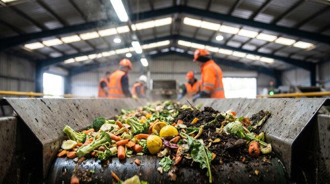  Gros plan sur des d&eacute;chets alimentaires et organiques sur un tapis roulant dans un centre de tri. Concept de recyclage, de compostage et de gestion des d&eacute;chets avec des ouvriers en arri&egrave;re-plan