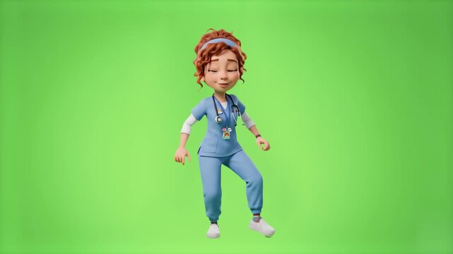 A cheerful 3D cartoon female medical worker or nurse wearing blue scrubs and a stethoscope, performing a joyful dance routine on a solid green screen backdrop. Perfect for healthcare presentations, me