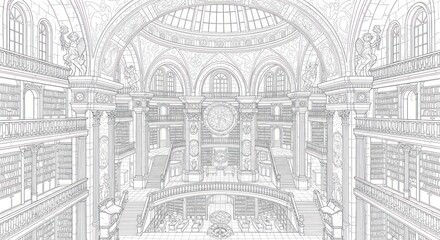 Fototapeta premium A large, ornate library with high ceilings and columns