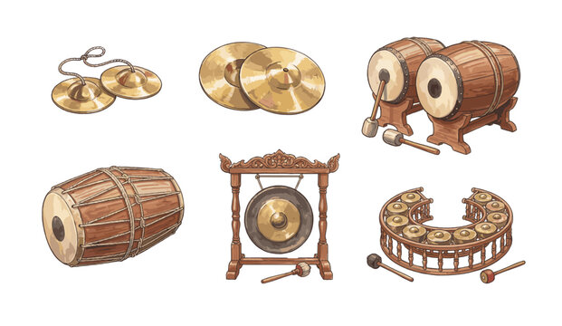 Traditional Asian Percussion Instrument Collection Featuring Gongs, Drums, and Cymbals for Cultural Music Illustrations