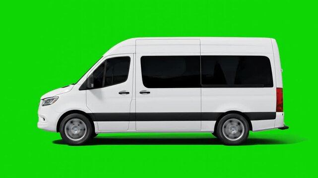 A profile side view of a modern white commercial passenger minivan or cargo van driving or parked against a solid green screen backdrop. This realistic automotive asset is optimized for chroma keying,