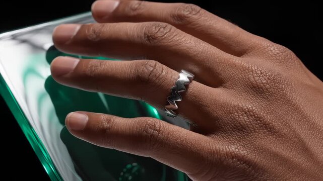 Close up of a hand with a zigzag ring touching a reflective surface with green swirls