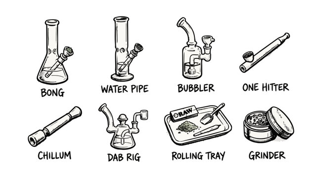 Cannabis Smoking Device Icon Set &mdash; Bong, Pipe, Water Pipe, Bubbler, One Hitter, Chillum, Dab Rig, Rolling Tray, Grinder &mdash; Halftone Line Art Sketch Vector Illustration for Adult Paraphernalia Design