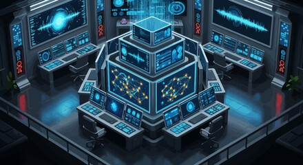 Fototapeta premium Futuristic Command Center with Holographic Displays and Advanced Technology.