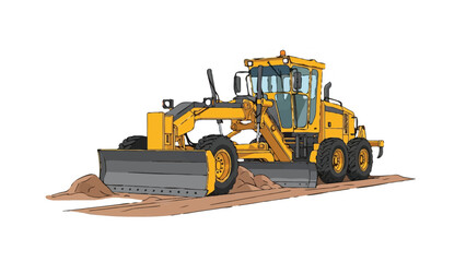 Fototapeta premium Yellow motor grader illustration levelling dirt on white background. Ideal for roadwork or construction industry projects.