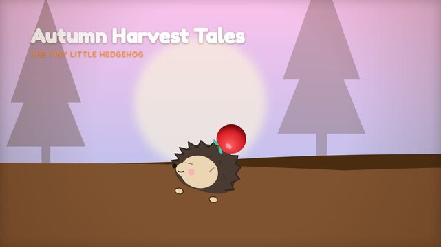 Cute Hedgehog Character Collecting Red Apple in Autumn Forest Animation.
