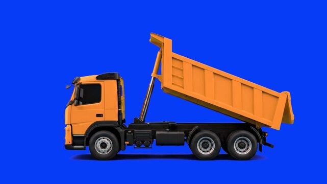 A detailed 3D animated yellow tipper lorry keeping its wheels static while its hydraulic cylinder raises and lowers the large open-box bed to unload materials. The heavy construction vehicle is isolat