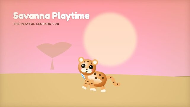 Cute Cartoon Leopard Cub Playing in the Savanna Animation.