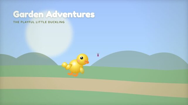 Cute Little Yellow Chick Walking Through A Sunny Garden Landscape Animation.