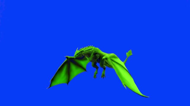 A fierce green mythical wyvern dragon flapping its wings and flying through the air, isolated on a chroma key blue screen backdrop.