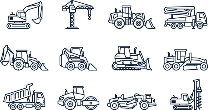 Set of construction machinery line art icons.