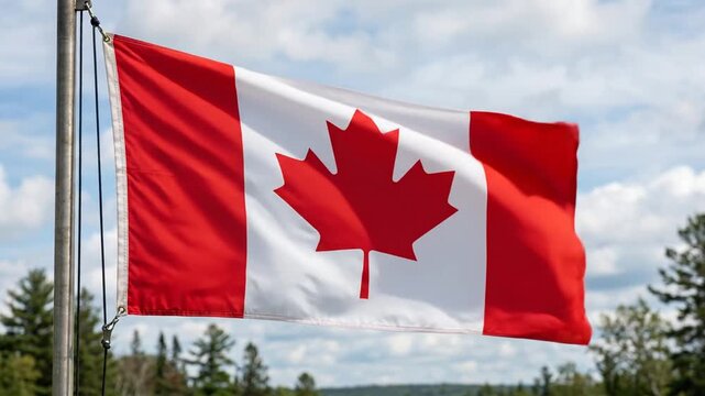 Canadian Flag Waving in the Wind, Maple Leaf Symbol, National Symbol of Canada, Outdoor Scenic Background