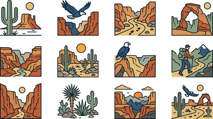 Collection of hand drawn desert canyon and nature landscape illustrations. © Merah