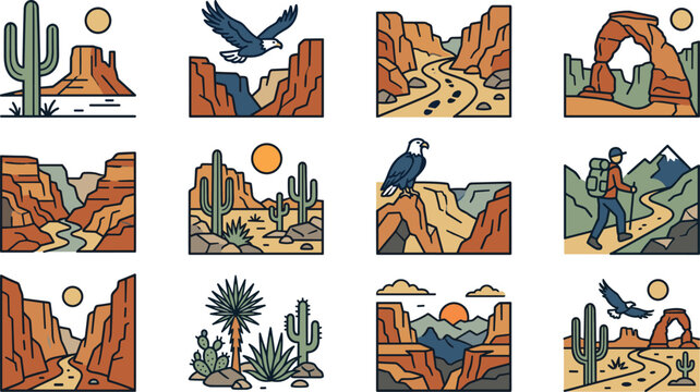 Collection of hand drawn desert canyon and nature landscape illustrations.