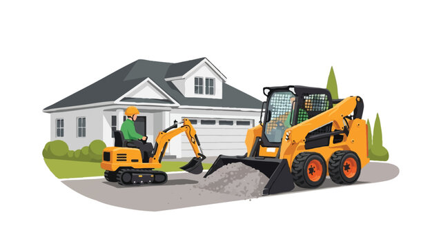 Construction machinery with skid steer loader and mini excavator working at a residential house