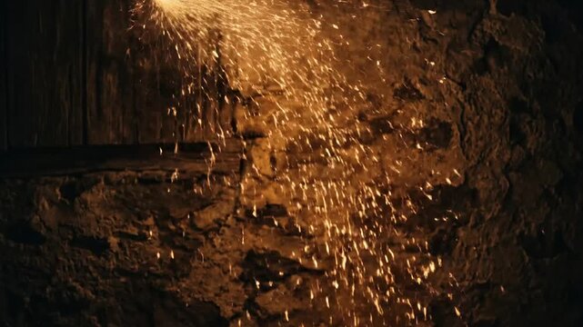 Fiery Sparks Falling Down a Rough Stone Wall in Slow Motion, Industrial Forge or Fireplace Atmosphere
