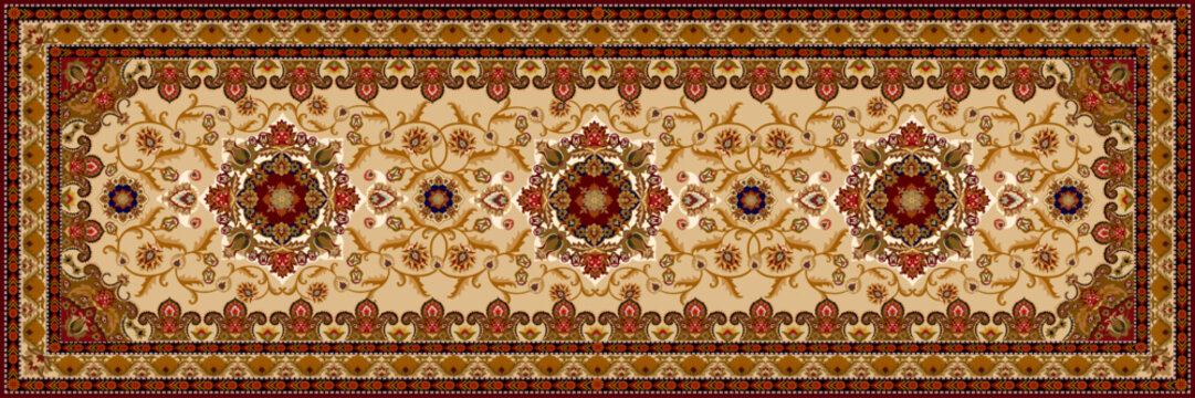 Luxury Persian Runner Carpet Pattern with Floral Medallions on Ivory Background