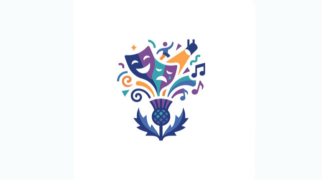 Scottish Thistle with Abstract Burst of Arts and Entertainment Symbols